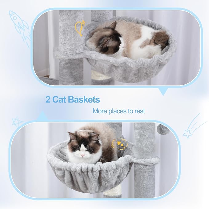 Hey-brother Cat Tree Tower with Extra Large Platform, Big Condo, MPJ070W | 51.1 Inches Scratching Posts with 2 Cozy Hammocks, Self-Grooming Brush for Indoor Adult Cats, Maine Coon, Light Gray