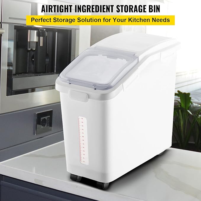 VEVOR Ingredient Storage Bin, 11.4 Gallon Capacity Shelf Ingredient Bin, 280 Cup Flour Bins on Wheels Commercial Prosave Shelf-storage Ingredient Bin with Lid and Scoop Rice Bin for Kitchen White | Ideal for Kitchen Rice, Dog Food, Flour, Sugar Storage...