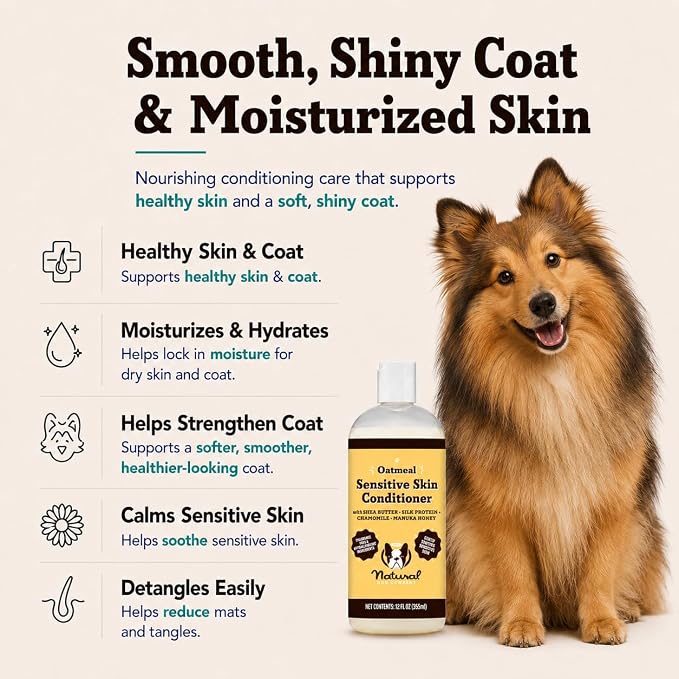 Natural Dog Company Sensitive Skin Dog Conditioner – Oatmeal Moisturizing for Sensitive & Itchy Skin, Detangling Grooming Formula for Long Haired Dogs, with Manuka Honey & Chamimile, 12 oz