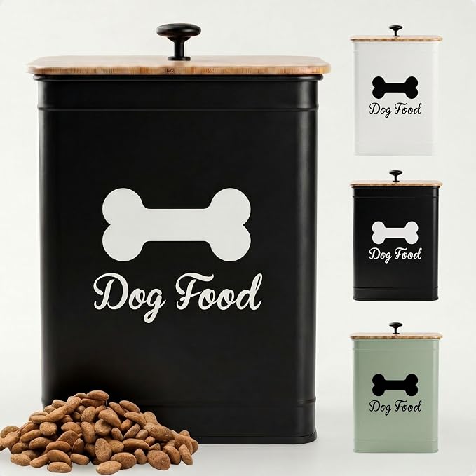 Dog Food Container Airtight Bamboo Lid 5-7 lb, 25 Cups, Sturdy Metal Handle | Pet Jar For Dogs up to 50lbs, Airtight Bamboo Lid, Sturdy Comfortable Metal Handle, Powder Coated Iron, Kibble Storage Bin