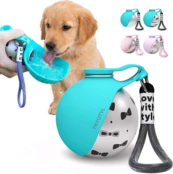 Dog Water Bottle, 10oz Stainless Steel Portable Dog Water Bottle with Foldable Silicone Bowl, 2-in-1 Portable Dog Water Bowl for Water & Food, Water Dispenser for Dogs Walking (Blue Printed)