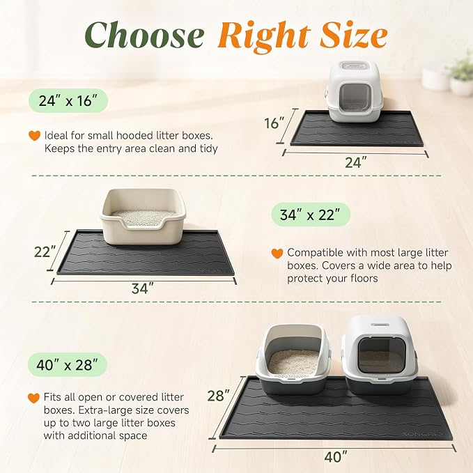 Songrey Silicone Cat Litter Mat 34" x 22", Large Litter Trapping Mat, Black | Waterproof, Urine-Proof Litter Box Mat for Floor, Soft on Kitty Paws, Easy To Clean, Cat Supplies, Pet Feeding Mat