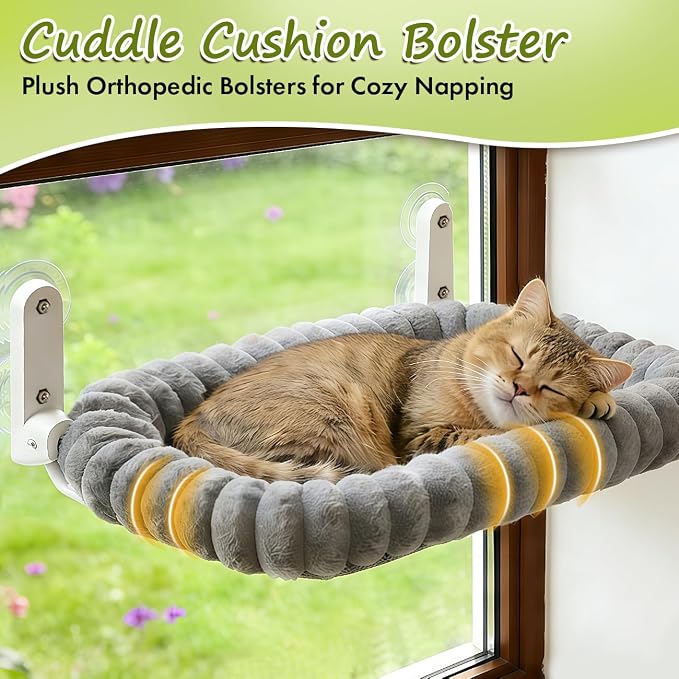 Zoratoo 2PC Cat Window Perch with Bolster Foldable Cat Hammock Cushion Bed for Window with Metal Frame, Cloud-Cuddle Cordless Window Resting Seat for Indoor Cats (Cushion Bed, Gray-L)