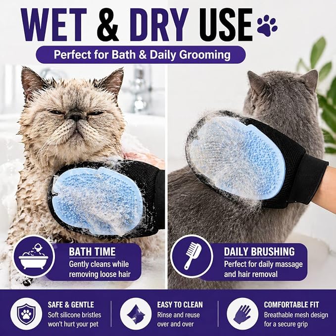 Pet Grooming Gloves for Dogs & Cats – Double Sided Deshedding Glove, Hair Remover & Massage Brush for Shedding Fur (Light Blue)