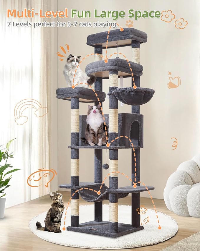 Taoqimiao Heavy-Duty Cat Tree, 71 in Cat Tower for Large Cats 20lbs+ | 3 Giant Multi-Tier Perches, Widened Cat Condo with 9 Scratching Posts, Plush Hammock & Basket, Toys, Smoky Gray, MS034G