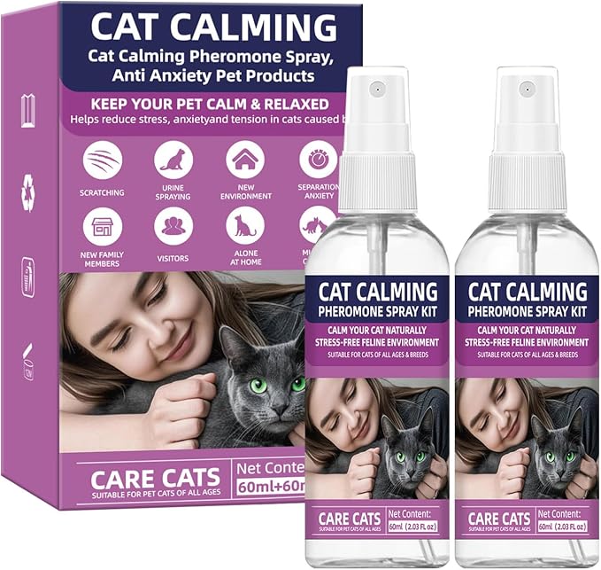 Cat Calming Pheromone Spray Kit Feline Calm Pheromones Vet Recommended Drug-Free Anxiety Relief for Multi-Cat Homes,Stops Scratching & Urine Marking,60-Day (120ML)