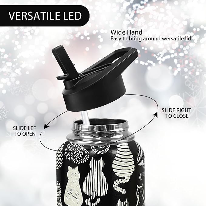 32oz Black Cat Insulated Aater Water Bottle with Straw,Cat Gym Hiking Sports Coffee Mug Cup Water Bottles,Penguin Gifts for Women,Cat Decor Stuff Accessories