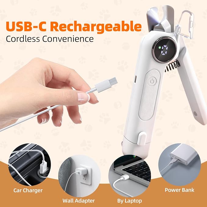 Dog Electric Nail Clippers & Grinder with Light, Quiet Cats Nail Trimmer | Large Medium Small Dogs & Cats - Painless Grooming Tool, 3 Speeds, Rechargeable, Splash Guard & Safety Lock(White)