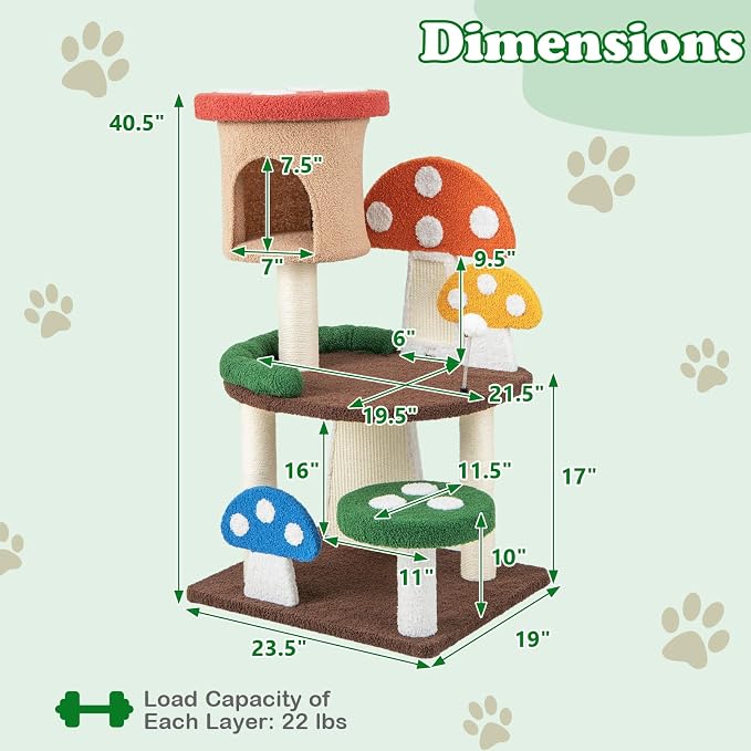 PETSITE Mushroom Cat Tree, 40.5-inch Tall Multi-Level Cat Tower with Natural Sisal Scratching Posts & Boards, Cat Condo and Spring Ball, Cute Cat Tree Tower for Indoor Cats Large Adults, Patented