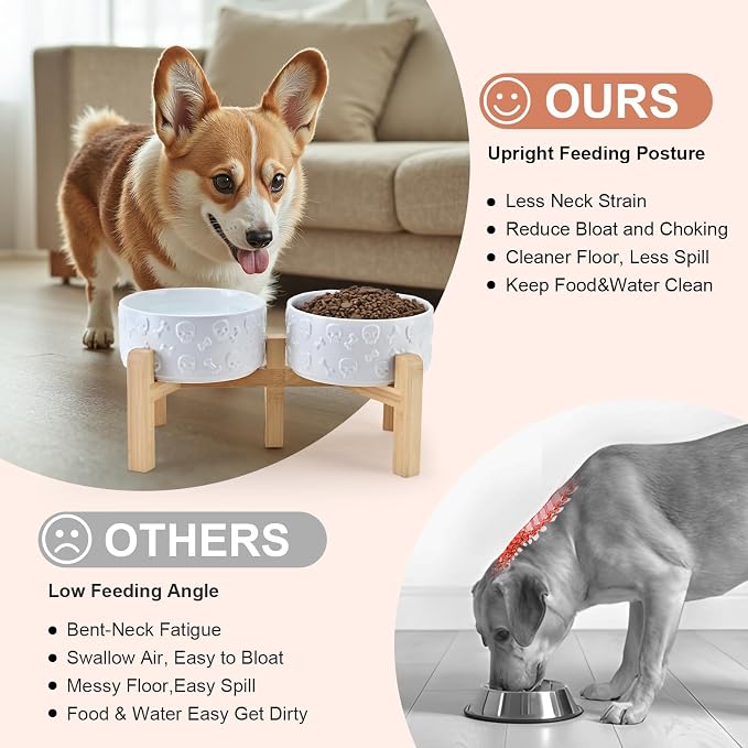 SPUNKYJUNKY Elevated Dog Bowls Ceramic, 6.1'' Dogs and Cat Food Water Bowls Raised with Non-Slip Bamboo Stand for Medium Sized Breed Microwave Dishwasher Safe - 28.7 OZ,Skull White