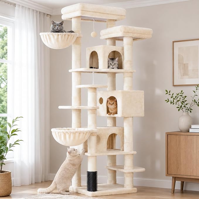 Hey-brother Cat Tree, Multi-Level Tower with 3 Condos, Hairbrush, MPJ035-MM