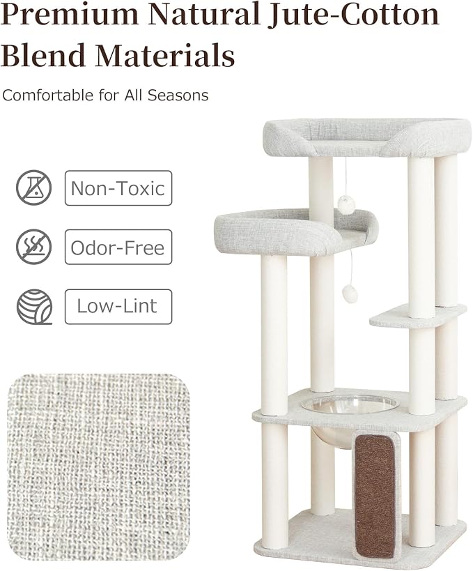 Cat Tree for Large Cat, Modern Senior Friendly Cat Tower with Wide Shelves Low Step, Cotton Scratching Posts, Super Sturdy Base, Cozy Perches, and Interactive Toys (Gray)