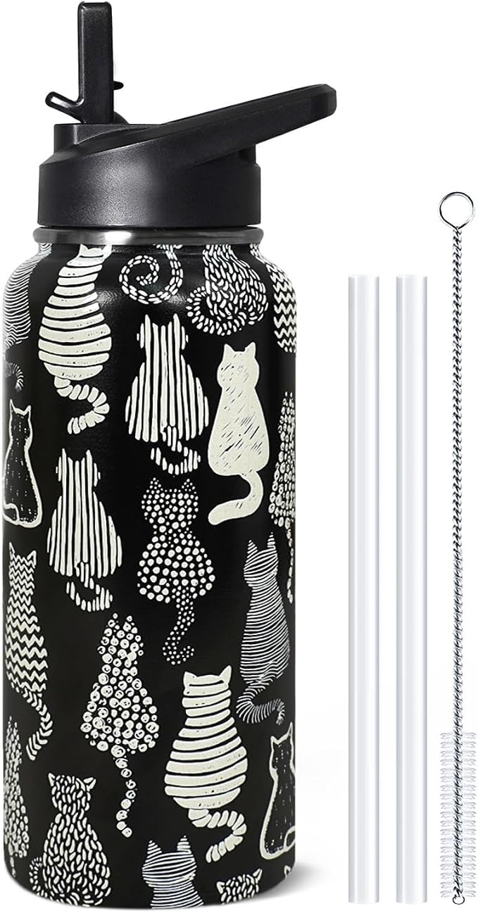 32oz Black Cat Insulated Aater Water Bottle with Straw,Cat Gym Hiking Sports Coffee Mug Cup Water Bottles,Penguin Gifts for Women,Cat Decor Stuff Accessories