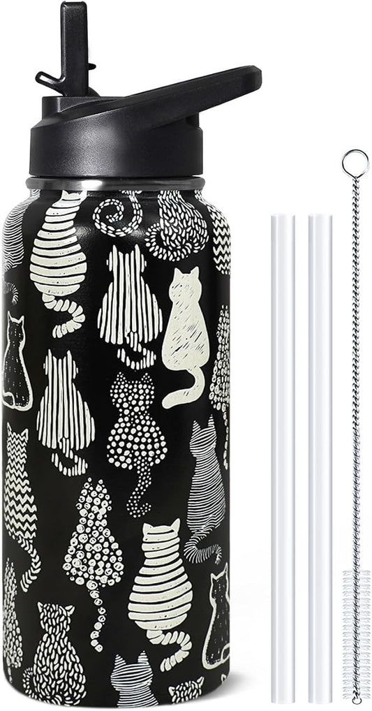 32oz Black Cat Insulated Aater Water Bottle with Straw,Cat Gym Hiking Sports Coffee Mug Cup Water Bottles,Penguin Gifts for Women,Cat Decor Stuff Accessories