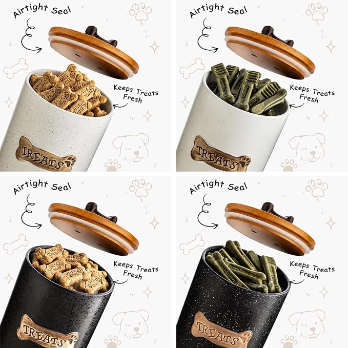 Miamolo Dog Treat Container Airtight Ceramic Dog Treat Jar with Wooden Lid, 8 Cups Dog Food Storage Container for Countertop, Decorative Dog Cookie Jar Canister with Handle - Bone Dotted Black