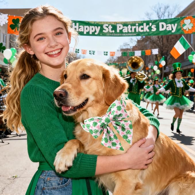 DOGWONG St. Patrick's Day Shamrock Dog Collar with Sailor Bow,Pink Green Four Leaf Clover Pattern Dog Collar, Adjustable Durable Soft Collars Irish Gift for Girl Female Dogs,L