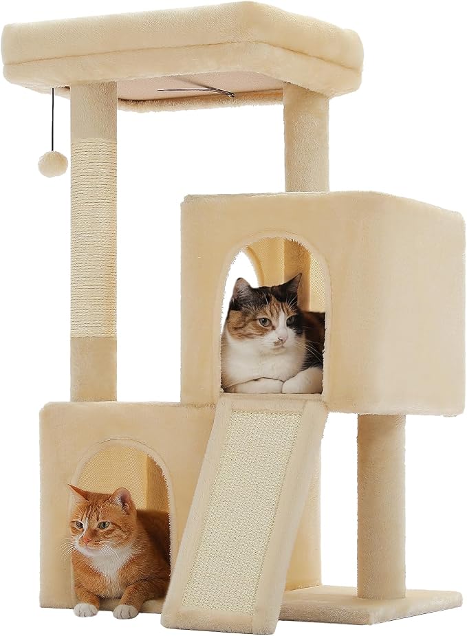 PAWZ Road Cat Tree, 35 Inches Cat Tower with Dual Condos for Adult Cats,Enlarged Top Perch, Scratching Posts&Pad for Indoor Cats-Beige