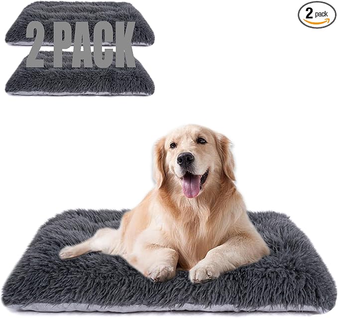 Machine Washable Dog Bed, Deluxe Plush Dog Crate Pad and Cat Bed, Anti-Slip Bottom Kennel Pad Mat, Fuzzy Pet Beds for Large, Medium, Small Dogs Breeds (Dark Grey, 24.0"L x 18.0"W x 3.0"Th x 2 PACK)