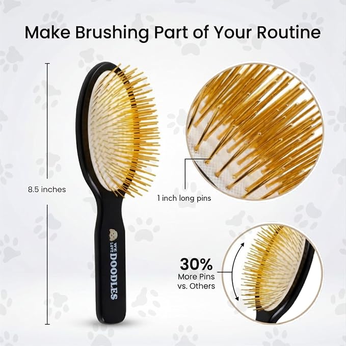 We Love Doodles Pin Brush for Dogs, Pet Grooming Detangler Pin Dog Brush, Dog Brush for Shedding and Removing Loose Fur, Lightweight Beech Wood (Gold Pins)