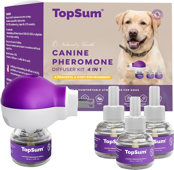 TopSum Calming Diffuser for Dog: Dog Pheromones Calming Diffuser Plug for Stress, Barking, Chewing, Pee Accidents & Separation Behaviors (Purple– 1 Diffuser+3 Refills)