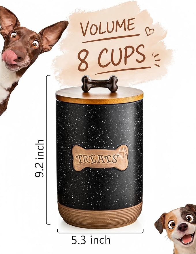 Miamolo Dog Treat Container Airtight Ceramic Dog Treat Jar with Wooden Lid, 8 Cups Dog Food Storage Container for Countertop, Decorative Dog Cookie Jar Canister with Handle - Bone Dotted Black
