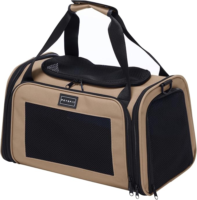 PETSFIT Pet Carrier for Cat, Small Dogs, Dog Carrier Airline Approved, TSA Approved Soft Cat Carrier for Travel, Small Animal Carrier for Pets Under 12 Lbs, Khaki