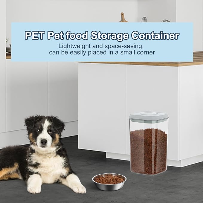 LEAWALK 4.2Qt 2Pack Airtight Dog Cat Food Storage Container and Dog Treat Containers BPA-Free, PET Clear Stackable Pet Storage Bin, 1 Cup Scoop, 1 Sponge cleaning brush, Pop Top, With handle (Grey)