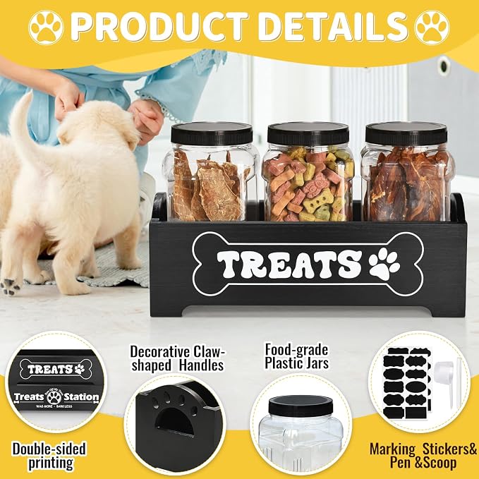 Dog Treat Container Dog Food Storage Container for Countertop, Cat Food Storage Container with 3 Plastic Dog Treat Jar, Dog Food Storage Container for Dog and Cat, Black Wooden Dog Food Container