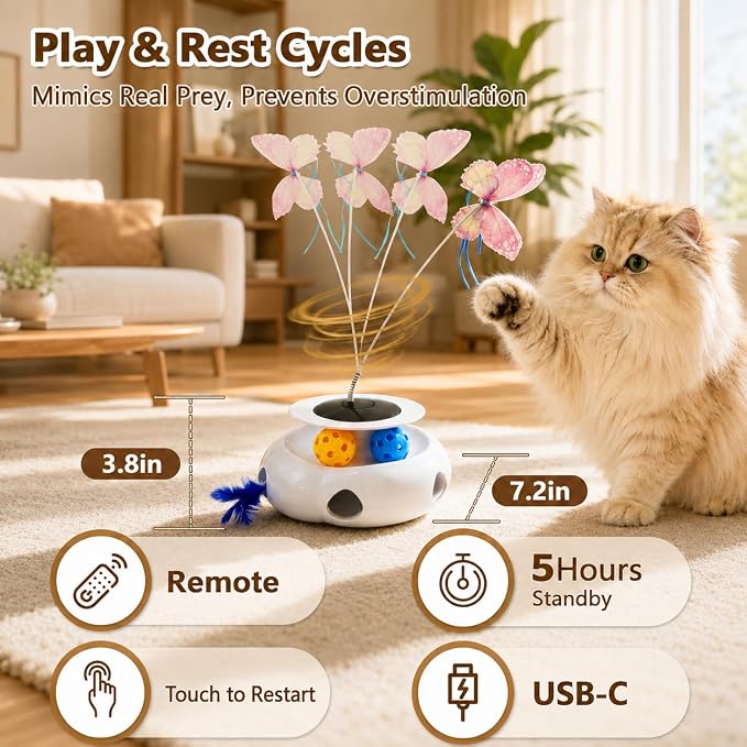 3-in-1 Interactive Cat Toy with Remote Control, Butterfly Wand & Automatic retractable feathers & Rolling Ball Track, Multi-functional Cat Toy for Indoor Cats, Suitable for Bored kitten, white