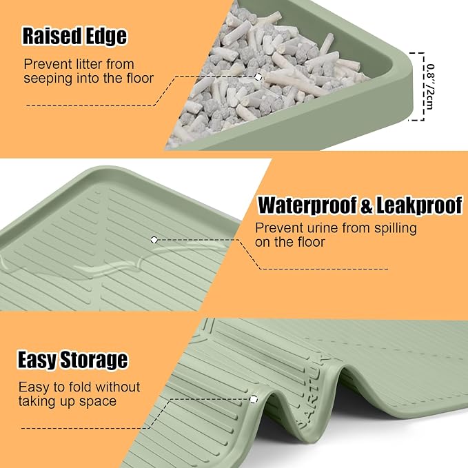 Silicone Cat Litter Mat 45" x 30" Cat Mat for Litter Box, Green | Extra Large Cat Litter Trapping Mat for Floor, Waterproof, Non-Slip Kitty Litter Box Mat with Raised Edge, Easy to Clean