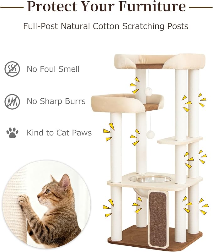 53'' Cat Tree for Large Cat, Modern Senior Friendly Cat Tower with Wide Shelves Low Step, Cotton Scratching Posts, Super Sturdy Base, Cozy Perches, and Interactive Toys (White)