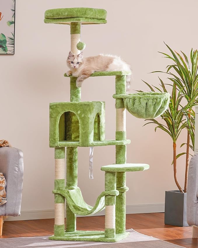Hey-brother Cat Tree, Multi-Level Sisal Covered Scratching Posts, MPJ050GR | 60.6 Inches Tower with Condo, Large Hammock, Top Perch, Toy Ball for Indoor Multi-Cats Households, Green