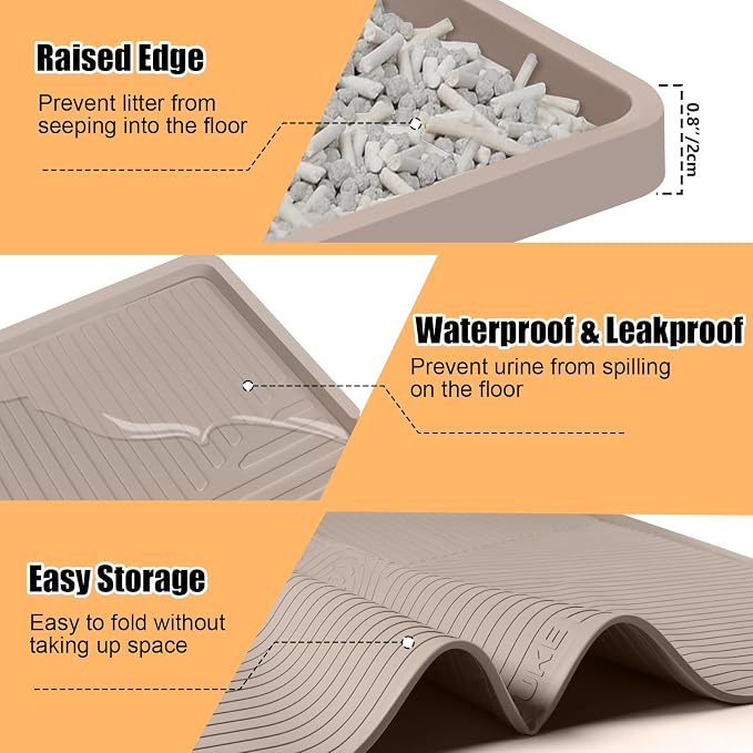 Silicone Cat Litter Mat 50" x 36" Cat Mat for Litter Box, Khaki | Extra Large Cat Litter Trapping Mat for Floor, Waterproof, Non-Slip Kitty Litter Box Mat with Raised Edge, Easy to Clean