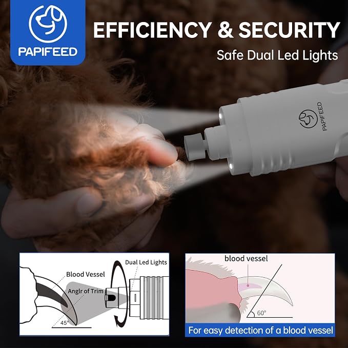 PAPIFFEED Dog Nail Grinder with LCD Display – Quiet Electric Nail Trimmer with Dual LED Light, Safe for Black & Thick Nails, Rechargeable for Small Medium Large Dogs & Cats (White)