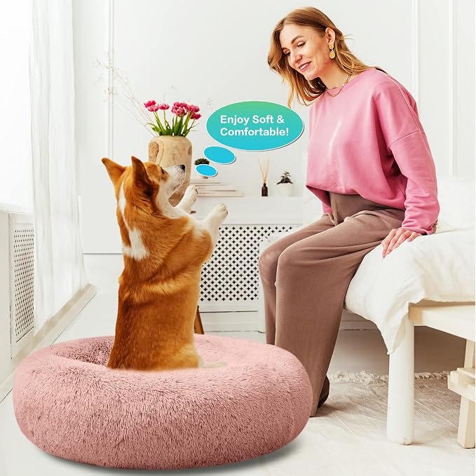 SAVFOX 45 inches Calming Donut Dog Bed - 3X Durable Plush Faux Fur, Machine Washable & Non-Slip, Fits up to 150 lbs, Pink