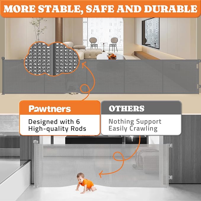 Upgrade 120" Retractable Baby Gates Extra Wide with Reinforced Strips, 10 FT Retractable Dog Gate for Garage, 41" Tall Retractable Gate Indoor Outdoor for Pet and Baby-Grey