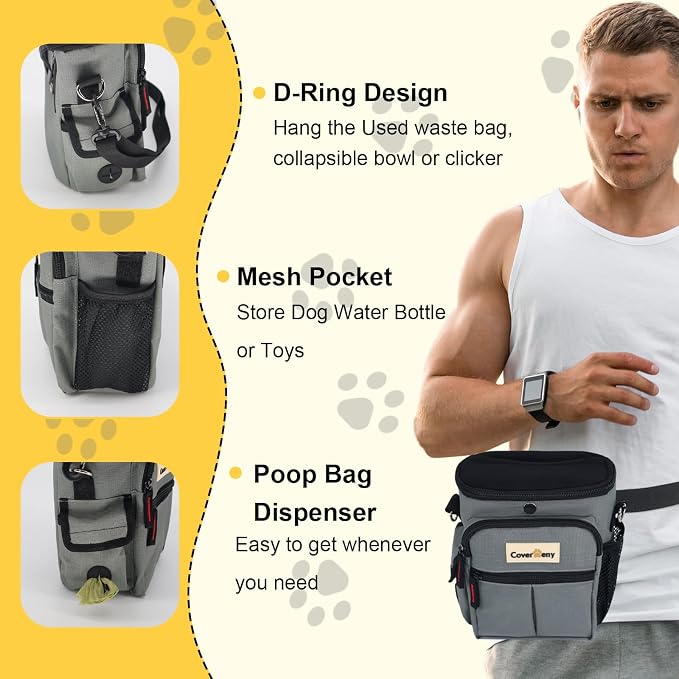 Dog Treat Pouch Open Top for Quick & Spill-Proof Access, Removable Pouch|Poop Bag Dispenser|3 Ways to Wear, Dog Treat Bag - Collapsible Bowl, Training Clicker & Poop Bag for Training & Walking. (Grey)