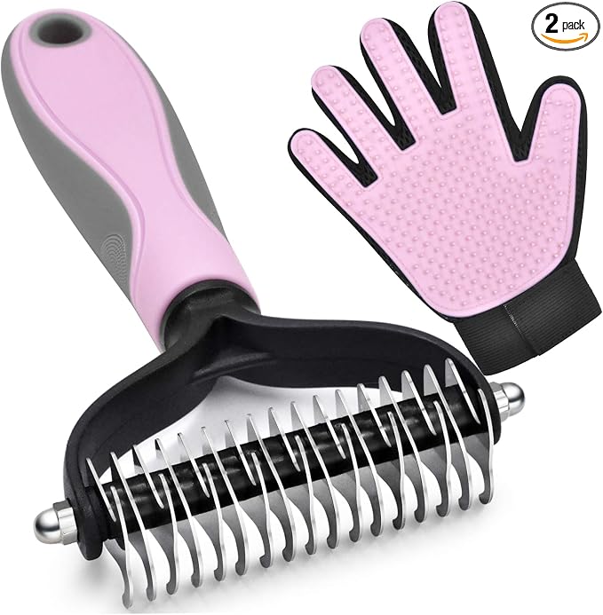 Double-Sided Undercoat Rake for Deshedding & Dematting Pets - Gentle Grooming Glove Kit for Dogs & Cats (Pink, 2 Pack)