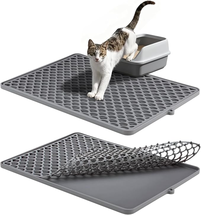 Premium Double-Layer Silicone Cat Litter Mat – Non-Slip, Waterproof & Easy-to-Clean Litter Trapping Mat for Cats, 18x12.5 Inch （Gray）