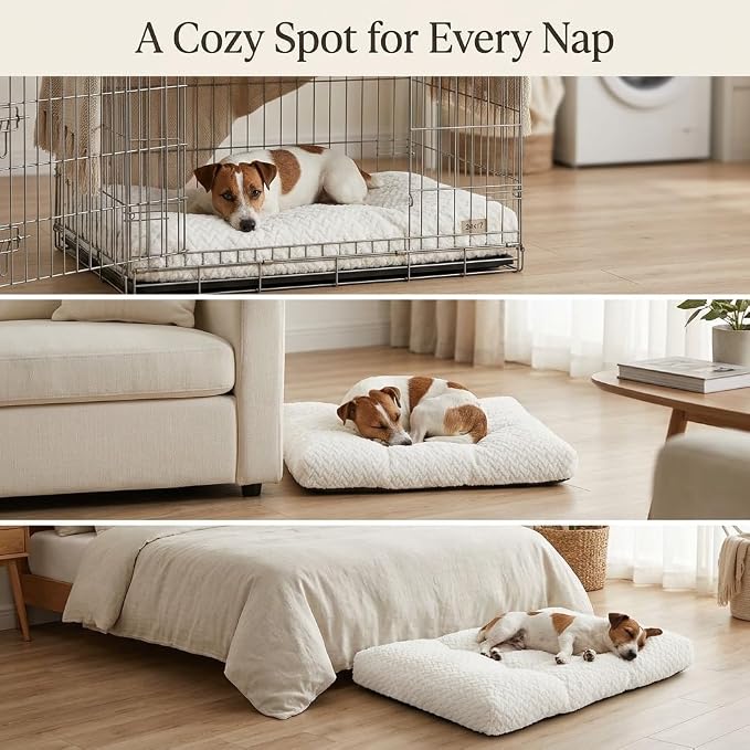 24 Inch Dog Crate Bed for Small Dogs, Washable Dog Crate Pad for Dog Cages, Soft Jacquard Flannel Kennel Mat with Anti-Slip Bottom, Fluffy Crate Mat for Puppies and Small Dogs,White