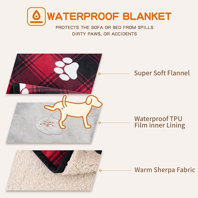 Waterproof Dog Blankets Pet Blanket 60"x80", Soft Fluffy Sofa Car Bed Protector, Reversible Sherpa Fleece Dog Blanket for Large Dogs Christmas Decor(Paw Red)