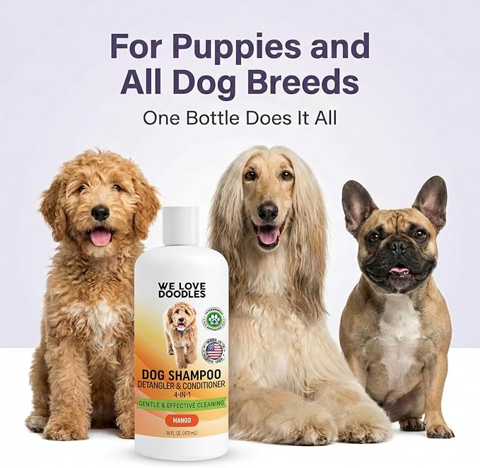 Dog Shampoo, Conditioner & Detangler, Hypoallergenic, Tearless, Mango, 16OZ | For Sensitive Itchy Skin, Best Shampoo For Smelly Dogs, Goldendoodle, Poodle & Doodle, Puppy Pet Wash Soap, USA Made, 4-in-1