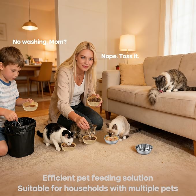 Bulk Disposable Cat Bowls Set (300 Pcs Cat Food Bowl Liners + 2 Pcs Stainless Steel Pet Bowls) Small Paper Bowls for Puppies, Kittens, Small Dogs and Cats, Ideal for Dry and Wet Food (Khaki, Classic)