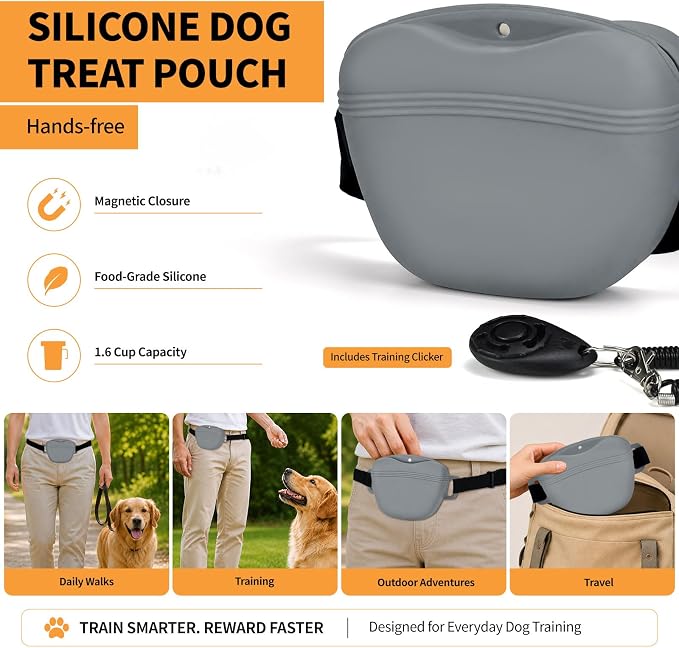Silicone Dog Treat Pouch with Training Clicker | Upgraded Magnetic Closure, 1.6 Cup Capacity, Food-Grade Silicone, Easy Cleaning, Adjustable Belt for Training and Walking