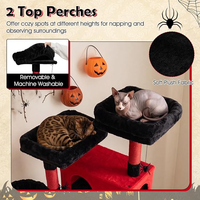 75-inch Gothic Cat Tree, Multi-Level Black Cat Tower | | Robust Scratching Posts | 2 Dual-Entry Comfy Cat Condo | Rotatable Side Baskets Bed | Spider-Shaped Hanging Toy | Hammock |