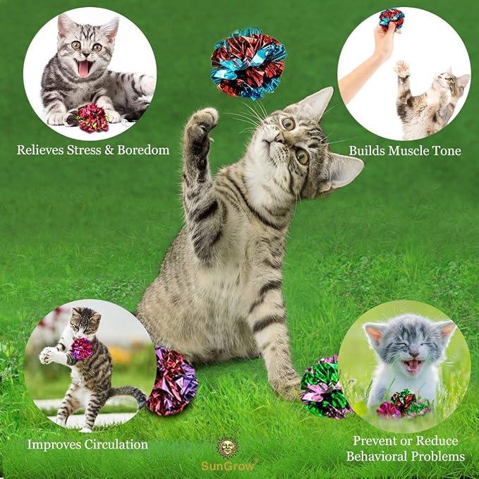SunGrow 24 Pcs Cat Mylar Crinkle Balls, 2" for Exercise to Keep Fit, Lightweight, Multicolor Shiny Foil with Crinkly Sound for Indoor Pet Cat, Kitten
