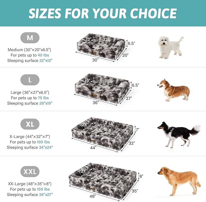 COZY KISS Orthopedic Dog Bed for Extra Large Dog 44x32 inch, XL Faux Fur Pet Sofa, Bolster Foam Bed with Sides, Non-Slip and Egg-Crate Big Dog Couch Bed with Washable Removable Cover, Tie Dye Grey