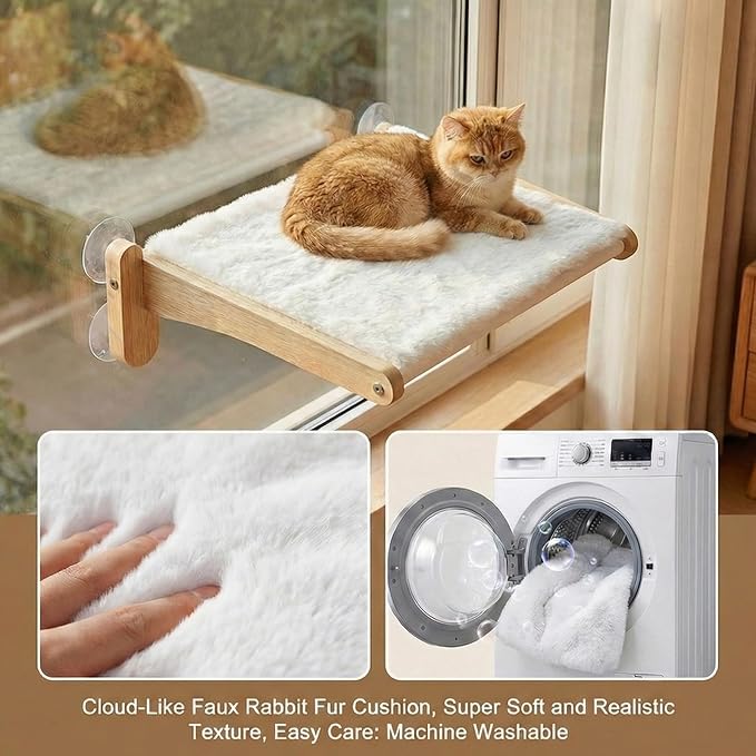 Cat Window Perch with Bird Feeder,Suction Cup Window Cat Bed for Large Cats | Solid Wood Frame, Plush Washable Cover. Suction Cups Support Up To 50 Lbs On Flat Glass. Foldable Design, Tool-Free Setup.