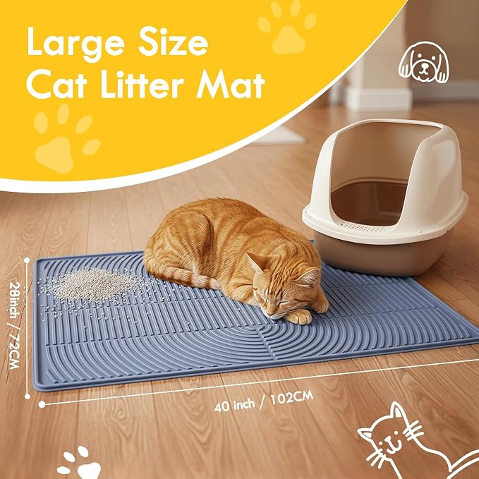 Large Silicone Cat Litter Box Mat 40"X28", Heavy Duty Waterproof Floor Mat for Kitty Litter Tracking Control, Easy Clean Durable Feeding & Litter Mat(Grey)