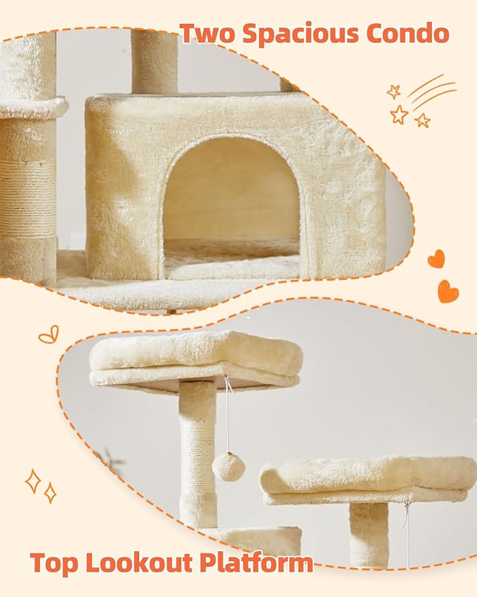 Taoqimiao Cat Tree, 67 in Tall Cat Tower with 2 Plush Cat Condos | 7 Scratching Posts, 2 Top Perches, Cozy Hammock & Basket, Indoor Cats, 2 Pompoms & Mouse Toy, Beige, MS013M